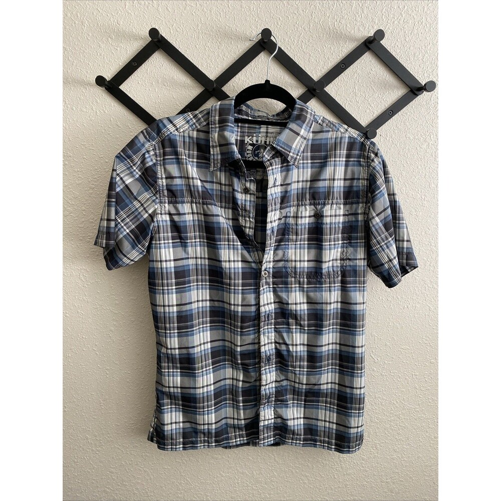 Kuhl Performance Material Plaid Short Sleeve Button Up Size Small Blue Black